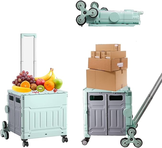 Foldable Utility Cart,Folding Portable Rolling Crate Handcart with Lid,Collapsible Aluminium Alloy Telescoping Handles,8 Wheels for Travel Shopping Climbing Stairs Moving Storage Office Use