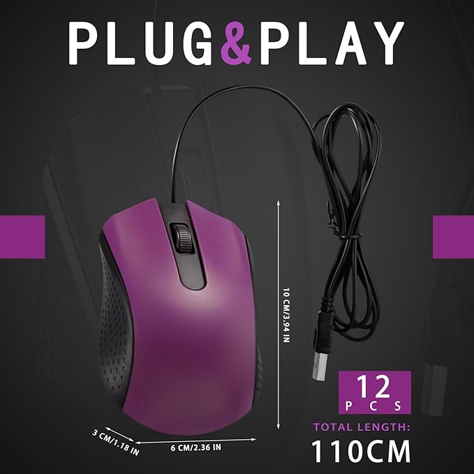 Hoteam 12 Pcs Wired Computer Mouse Bulk Cord USB Computer Mice Ergonomic Wired Mouse for Pcs, Computers, Laptops, Gaming Office Home Supplies(Purple)