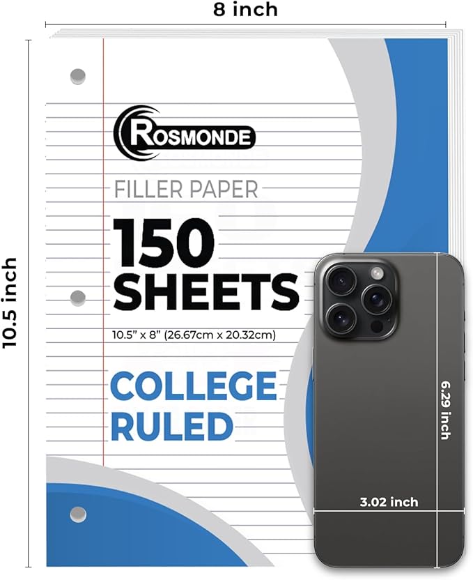 Bulk Loose Leaf Paper, 7200 Sheets, College Ruled Paper, Bulk Filler Paper for Office, 8 x 10.5", 3 Hole Punched, 56 Gsm Thick Paper, 48 Pack, 150 Sheets/Pack, Bulk Notebook Paper for School