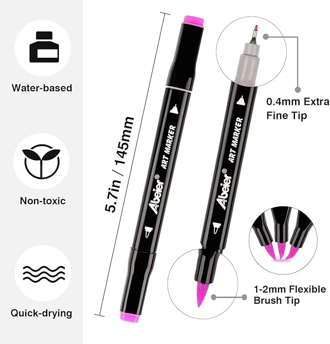 ABEIER Dual Brush Tip Marker Pens, 100 Vibrant Colors, Water-Based, Non-Toxic Art Supplies for Kids Adults, Perfect for journaling, Drawing, Sketching, and Illustration in Coloring Books