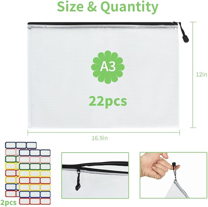Vuzvuv 22Pcs A3 Size-16.9"x 12" Large Mesh Zipper Pouch with Label Sticker, Plastic Document Mesh Bag for File Board Game School Office Home Travel Storage(43cm30cm)
