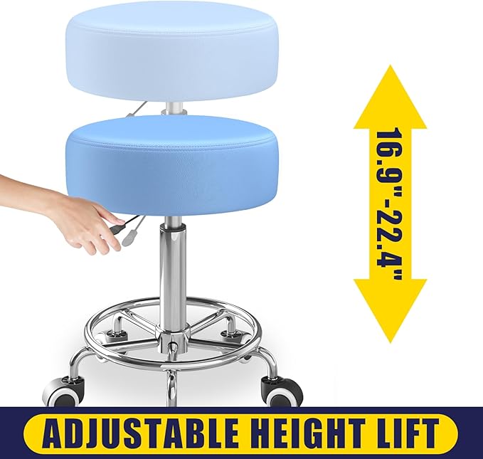 Rolling Stool, Heavy Weight Capacity 250lb, PU Leather Rolling stools, Ultra Soft Padded Seat, Rolling Stools with Wheels and Footrest, 360° Swivel, Spa Drawing Salon Work Office Tattoo Stool (blue)
