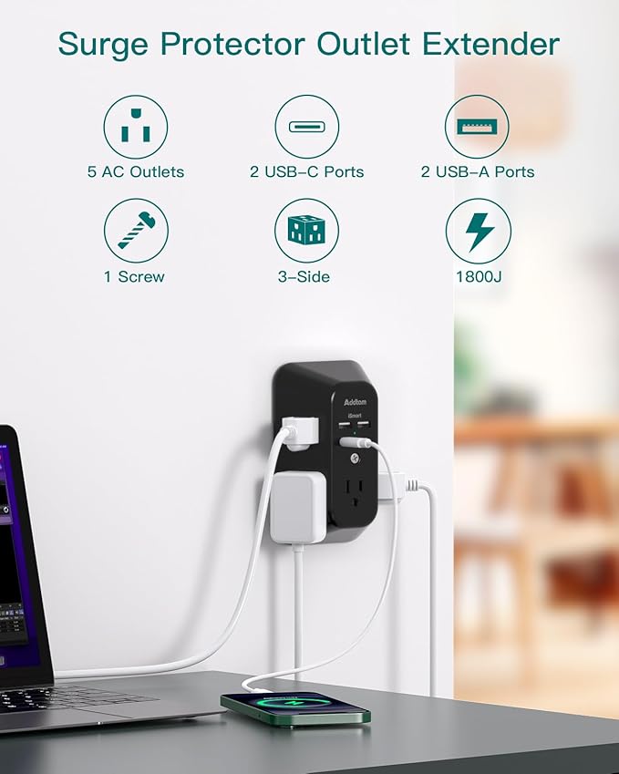 Surge Protector Outlet Extender, Addtam Multi Plug Wall Outlet with 4 USB Ports(2 USB-C), 3-Sided 1800J Power Strip Plug Extension Outlet Splitter, Black