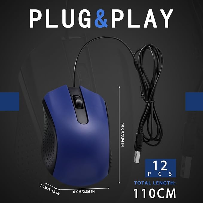 Hoteam 12 Pcs Wired Computer Mouse Bulk Cord USB Computer Mice Ergonomic Wired Mouse for Pcs, Computers, Laptops, Gaming Office Home Supplies(Blue)