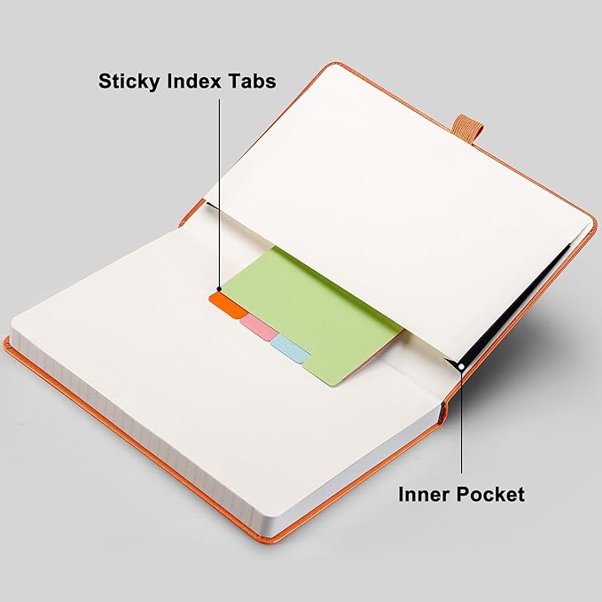 RETTACY Journaling Notebooks, A5 Lined Journal Notebook with 192 Numbered Pages, 5.7'' × 8.3'' Medium Size, for Writing, Work, Office, Leather Hardcover, 100 GSM Thick Paper (Orange)