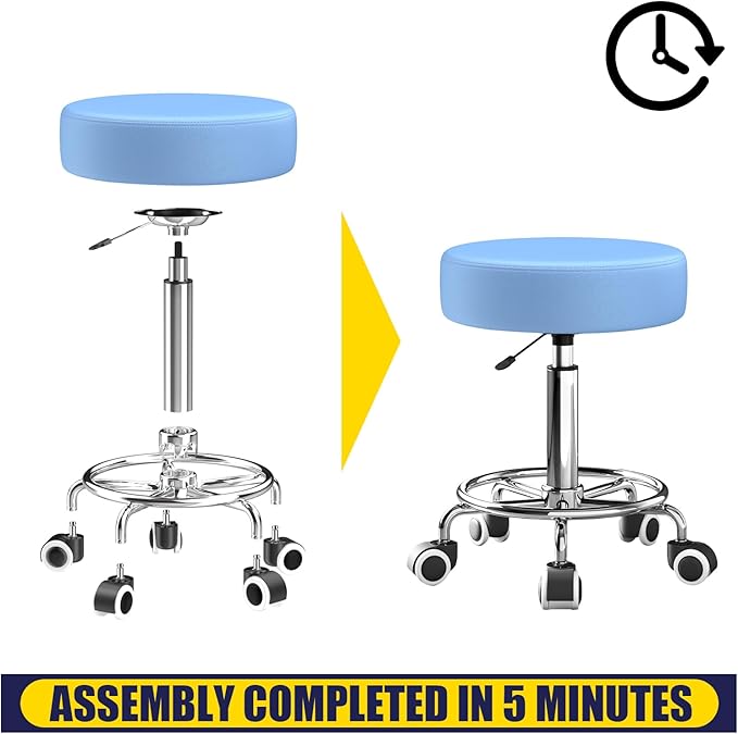 Rolling Stool, Heavy Weight Capacity 250lb, PU Leather Rolling stools, Ultra Soft Padded Seat, Rolling Stools with Wheels and Footrest, 360° Swivel, Spa Drawing Salon Work Office Tattoo Stool (blue)