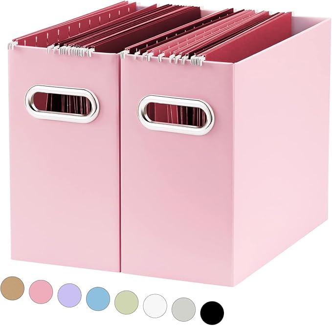 Oterri File Organizer, Small Storage Box, Cardboard File Folder Organizer, Collapsible File Box, Hanging File Organizer for Letter Size, Portable File Box with Handle, Only Box(Pink,2 Packs)