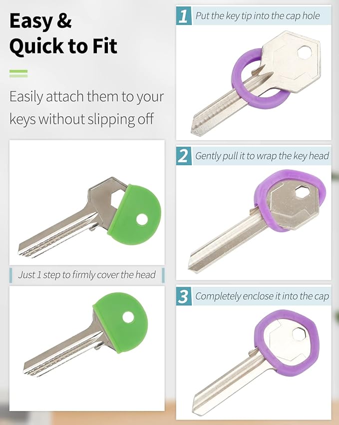 Vibit 48 Pack Key Cap Tags Set in 8 Assorted Colors Plastic Key Identifier Coding Label Covers for Standard Flat House Keys, 2 Styles