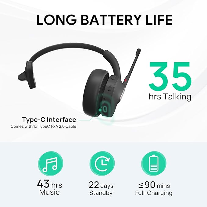 Yealink BH70 Teams Wireless Headset with Mic, Bluetooth Headsets for Work, Long Battery Life of 35h Talking, 91g Lightweight for All-Day Wearing, with 3 Noise Cancelling Microphone for Clear Calls
