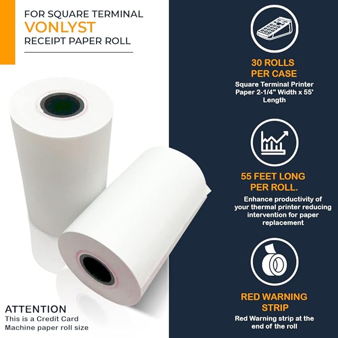 Receipt Paper Roll for Square Terminal Credit Card Machine (30 rolls)