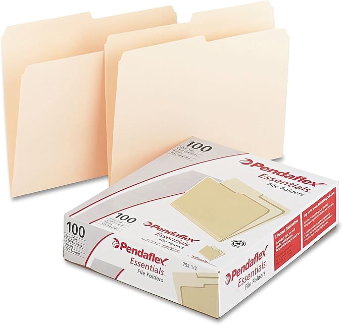 Pendaflex File Folders, Letter Size, Manila, 1/2 Cut, 100/BX (752 1/2), Letter