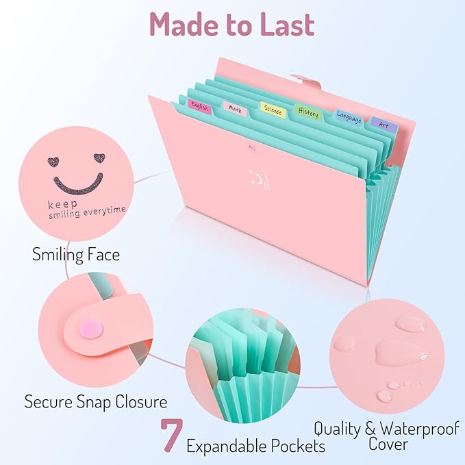 Forvencer Accordion File Organizer, Letter Size, 7 Pocket Expanding File Folder, Cute File Folder with Labels, Portable File Organizer for School Office Supplies, Folders for Documents, Yellow