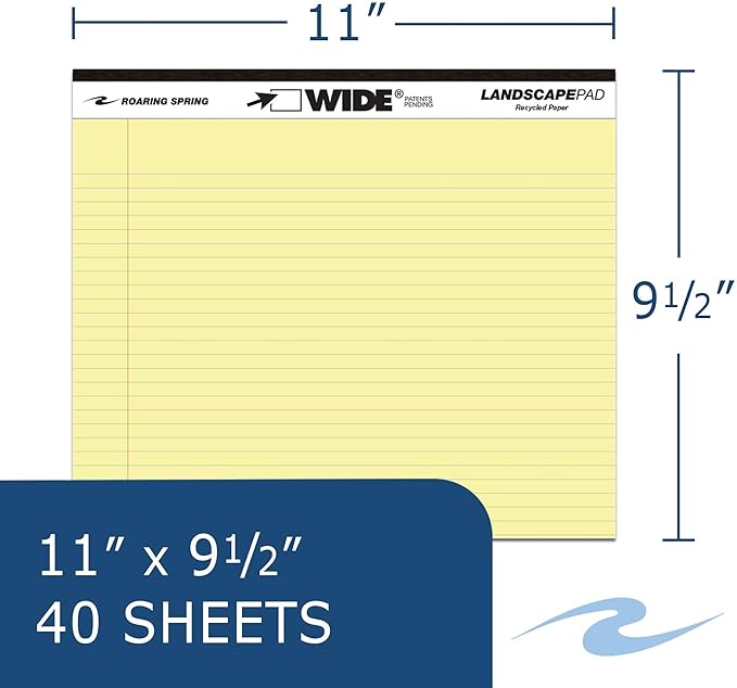 Roaring Spring Wide Landscape Format Writing Pad, Unpunched With Standard Back, Medium/college Rule, 40 Canary-Yellow 11 X 9.5 Sheets
