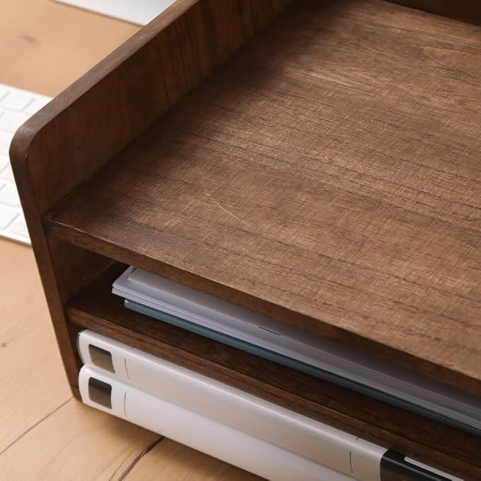 Desk Organizer for File Folder Storage with 3 Paper Letter Tray &1 Vertical Compartment- Wood Office Desktop Document Organizer Rack - Filing Folder Mail Sorter Desk accessories Dark WJJ3K-DK