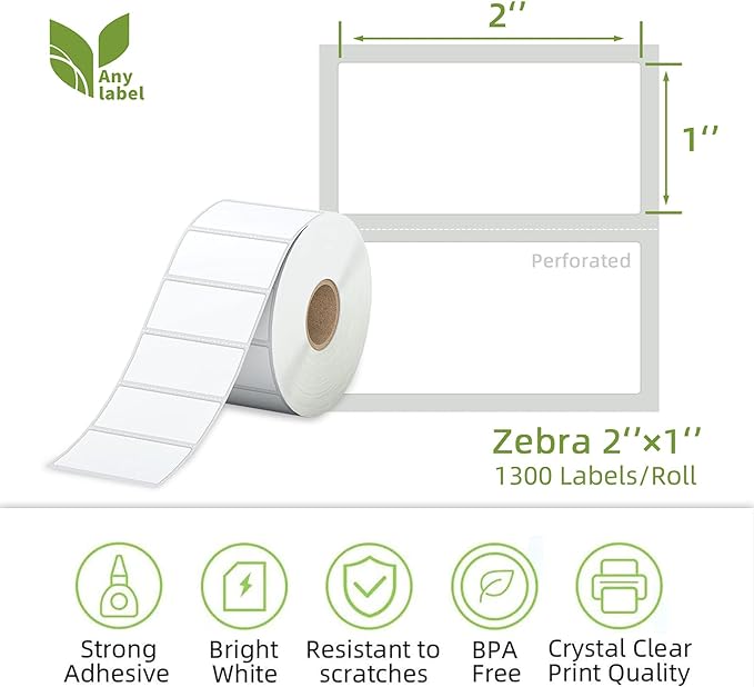 2" x 1" Direct Thermal Labels, Thermal Printer Labels for Barcodes Postage Address Compatible with Rollo, Zebra, Munbyn, Nelko Thermal Labels Printers (12 Rolls, 1300 Labels/Roll)