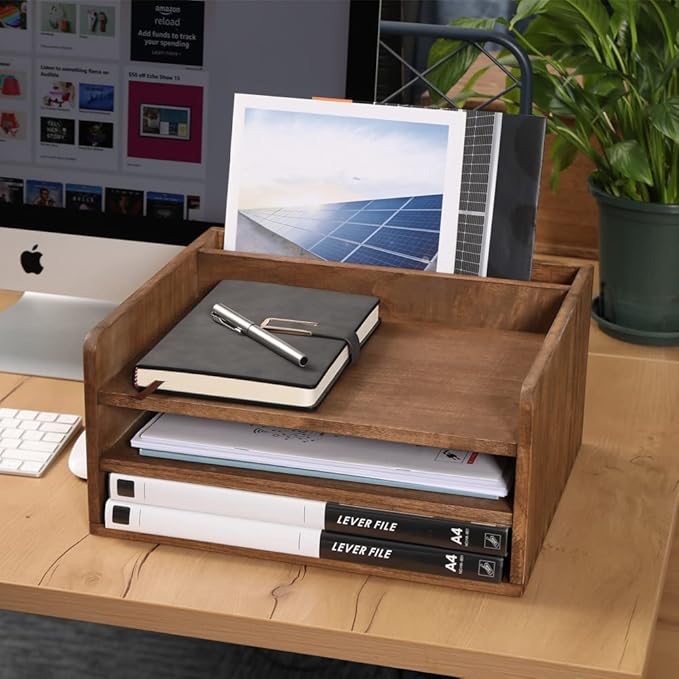 Desk Organizer for File Folder Storage with 3 Paper Letter Tray &1 Vertical Compartment- Wood Office Desktop Document Organizer Rack - Filing Folder Mail Sorter Desk accessories Dark WJJ3K-DK
