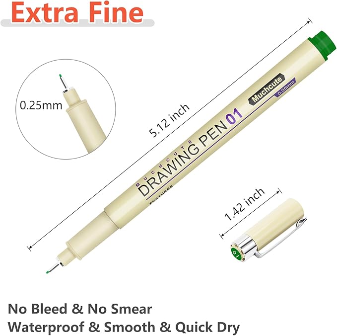 Muchcute Micro Fineliner Drawing Art Pens: 20 Set (12 Colors & 8 Black) Extra Fine Line Waterproof Ink Artist Supplies Archival Inking Ultra Thin Markers Sketch Sketching Watercolor Zentangle Stuff