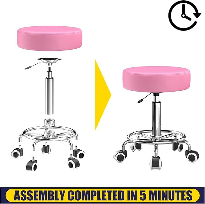 Rolling Stool, Heavy Weight Capacity 250lb, PU Leather Rolling stools, Ultra Soft Padded Seat, Rolling Stools with Wheels and Footrest, 360° Swivel, Spa Drawing Salon Work Office Tattoo Stool (pink)