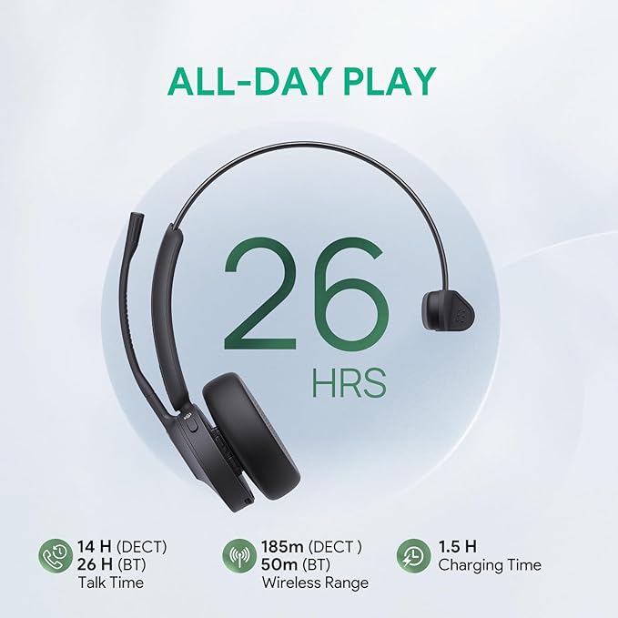 Yealink WH64 Mono Teams Wireless Headset, DECT & Bluetooth Dual-Mode 606 ft Range Headphones with 3X Mic, 26 Talk Time, Office Work Headset for Desk IP Phone, PC,Cell Phone