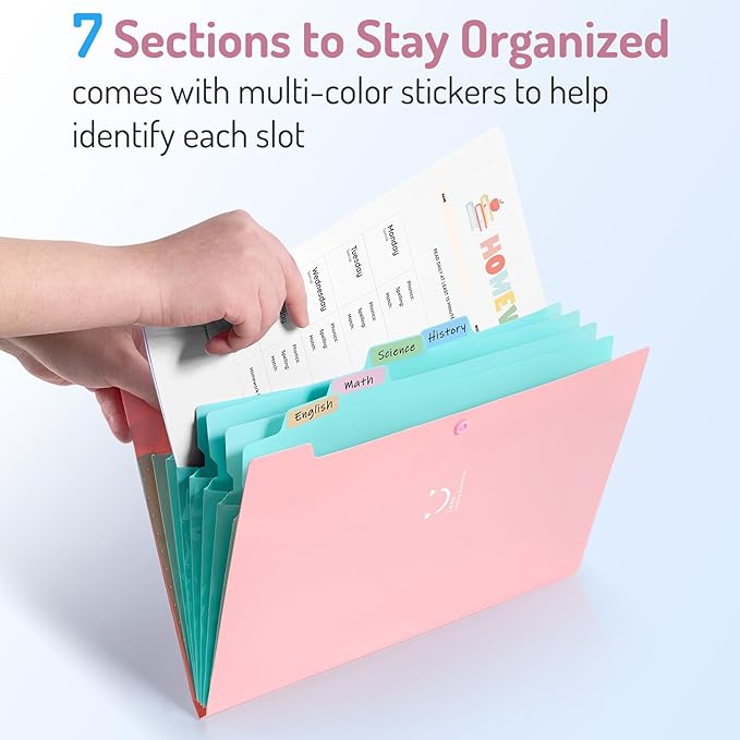 Forvencer Accordion File Organizer, Letter Size, 7 Pocket Expanding File Folder, Cute File Folder with Labels, Portable File Organizer for School Office Supplies, Folders for Documents, Yellow