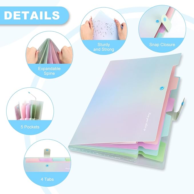 Ddaowanx Expanding File Folder, Letter A4 Size Accordion Plastic File Organizer, 5 Pocket Folders for Documents, Aesthetic Folder with Labels, Paper Organizer for School Office Supplies (Aurora Blue)