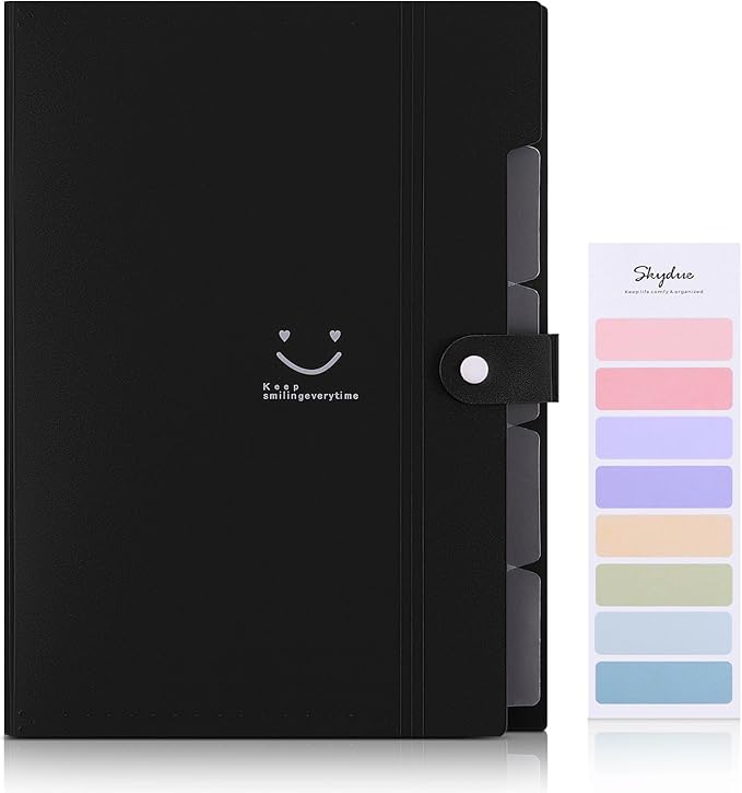SKYDUE File Folder with 8 Labels, 5 Pockets Accordion Paper Organizer for School and Office,A4 Letter Size,Black