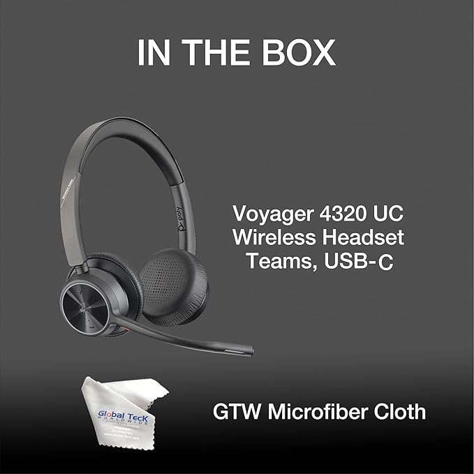 Poly Voyager 4320 UC Wireless Bluetooth Duo Headset (USB-C) Teams Version - Global Teck Bundle with Microfiber Cloth - Deskphone, PC/Mac, Works with Zoom, RingCentral, 8x8, Vonage