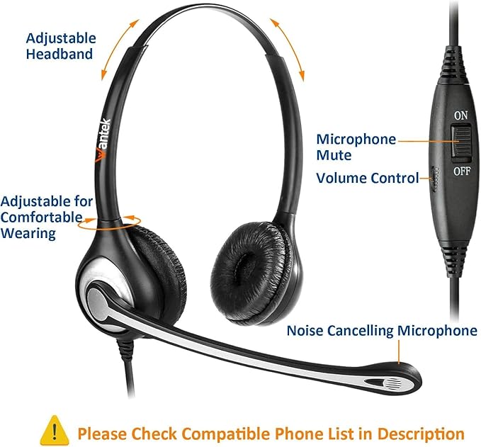 Wantek Corded Telephone Headset Dual w/Noise Canceling Mic Compatible with ShoreTel Plantronics Polycom Zultys Toshiba NEC Aspire Dterm Nortel Norstar Meridian Siemens ROLM Landline Deskphones(F602S2)