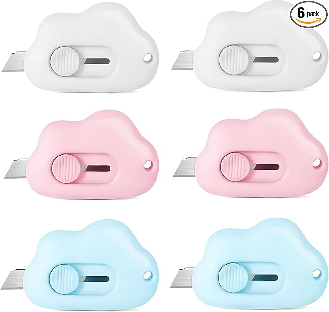 Mini Cloud Box Cutters Retractable Cute, 6 Pcs Small Utility Knives, Portable Letter Opener Slide Open with Keychain Hole, for Office School Stationery, Cutting Box Envelopes Papercutting (6)