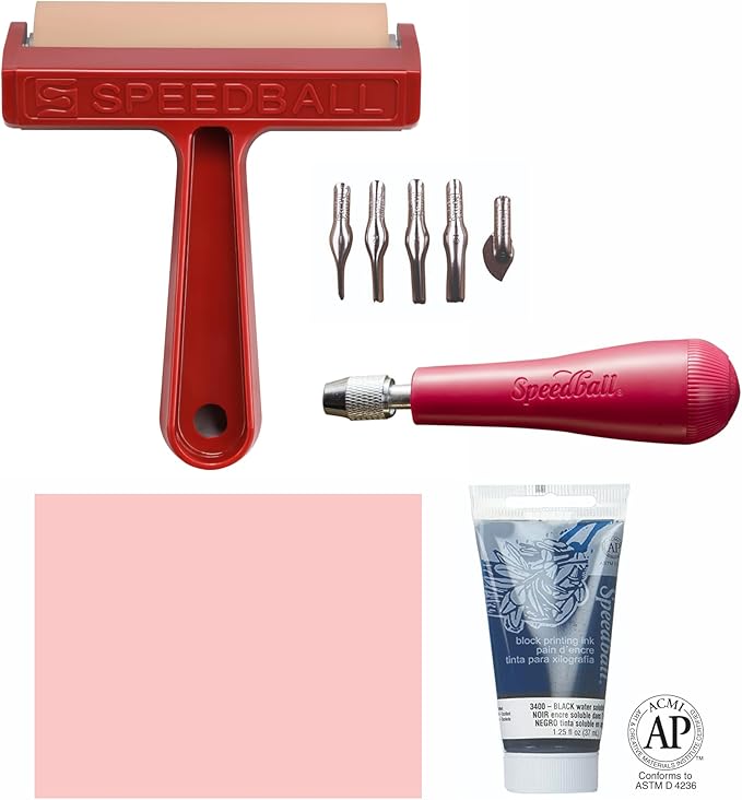 Speedball 3471 Super Value Block Printing Starter Kit – Includes Ink, Brayer, Lino Handle and Cutters, Speedy-Carve