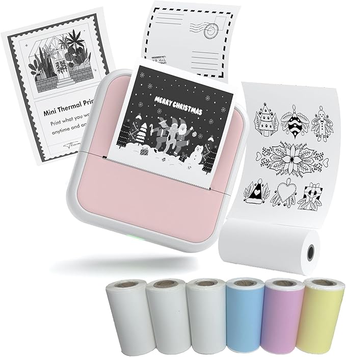 Mini Printer Sticker Printer Bluetooth for Phone Portable Thermal Print for Photo,Note,Journal,Memo,with 6 Rolls Thermal Paper(Pink)