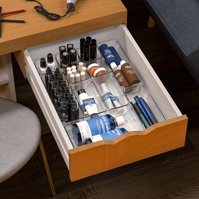 7 Pack Clear Plastic Drawer Organizer Set,4 Sizes Bathroom Drawer Organizers and Storage Bins,Vanity Drawer Organizer for Makeup, Cosmetics, Jewelry, Utensils, Gadgets,Office In Drawer Organizer Trays