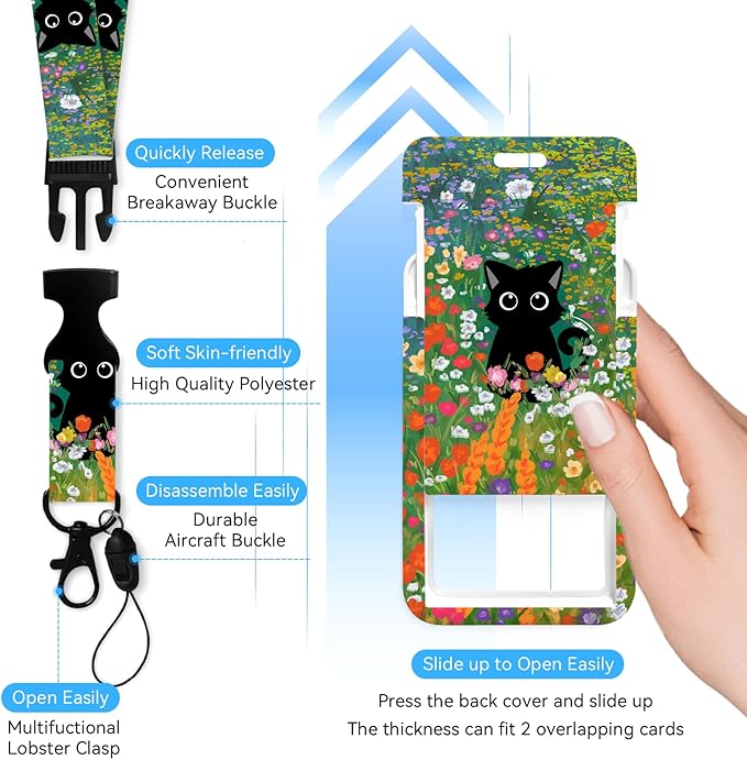 Cute Cat Hidden in The Flowers Badge Holder with Retractable Reel and Breakaway Lanyard,Badge Clips Retractable Heavy Duty Badge Reel,ID Holder with Breakaway Lanyard for School Nurse Office Teen 3