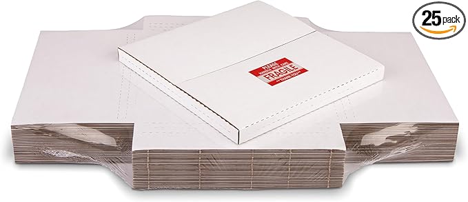 White Vinyl Record Mailers 12.8x12.8x1 Inch LP Mailing Corrugated Cardboard Boxes, Easy-Fold, Multi-Depth Album Shipping Boxes with Fragile Stickers, 25 Pack