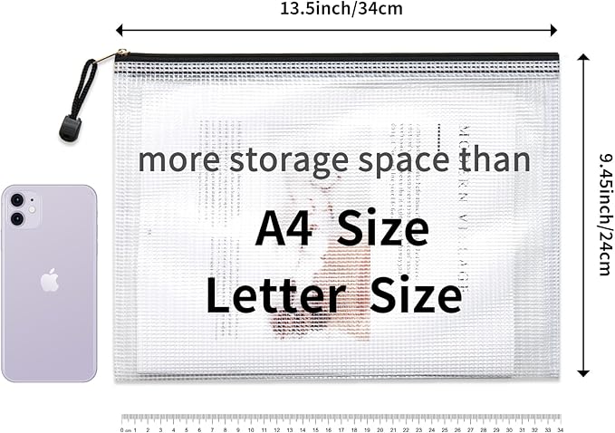 LABUK 52 Pack Mesh Zipper Pouch Bags, A4 Letter Size Zipper Pouch for Organizing, Clear Waterproof Plastic Zipper Bags, File Bag for School Classroom Block Games and Office Supplies