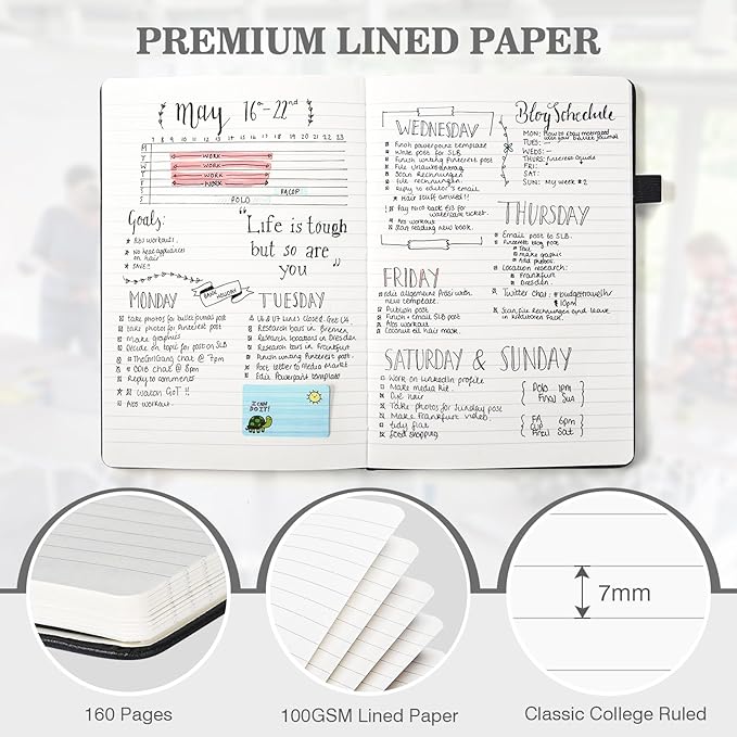 Lined Journal Notebook, 3 Pack A5 College Ruled Notebooks for Work, Hardcover Notebook Each with 2 Pockets & Pen, Leather Journal for Women, Men, 160 Pages, 100GSM Thick Paper ( White 5.7" x 8.3" )