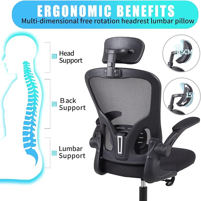 Flysky Ergonomic Office Desk Chair Breathable Mesh Swivel Computer Chair, Lumbar Back Support Task Chair, Office Chairs with Wheels and Flip-up Arms,Executive Rolling Chair (B-Black 5001H)