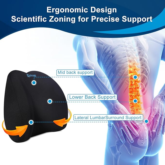 QUTOOL Lumbar Support Pillow for Office Chair, Memory Foam Low Back Support for Car,Back Pain Relief, Ergonomic Back Cushion for Desk Chair,Gaming Chair,Adjustable Strap and Washable Cover