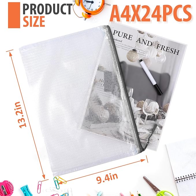 24 Pack A4 Mesh Zipper Pouch Bags, Storage Bags, File Bags for Classroom Organization, Zipper Pouches of Office Supplies, Puzzles, Board Game Storage(Black)
