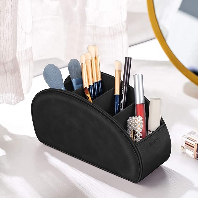 Remote Control Holder with 5 Compartments, KENOBEE Anti-slip Desktop Caddy Storage Organizer for Remote Controllers, Office Supplies, Makeup Brush, Media Accessories, Black
