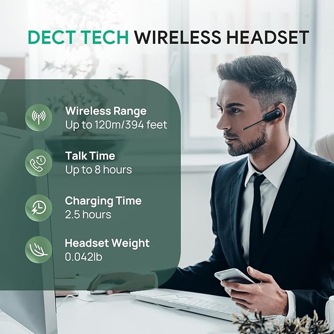 Yealink WH67 Wireless DECT Headset Upgrade,Teams Certified,Compatible with Desk Phone, PC, Mobile Phone, Office Single Ear (Mono) Bluetooth Headset, Noise Cancelling Mic,394ft Range,8H Talk Time