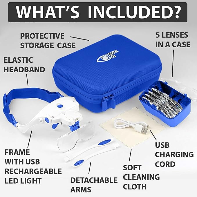 Vision Aid Expert Edition Magnifying Glasses with USB Rechargeable LED Light and Storage Case Hands Free Head Magnifier for Hobby Painting Close Work