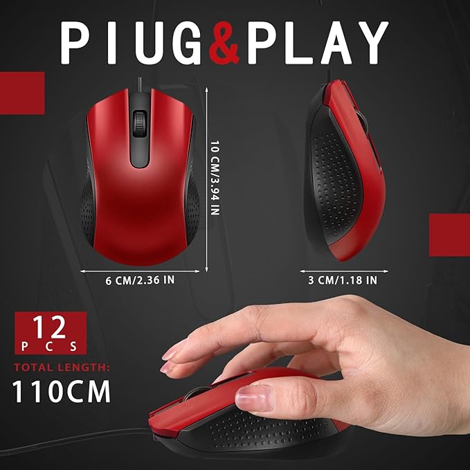 Hoteam 12 Pcs Wired Computer Mouse Bulk Cord USB Computer Mice Ergonomic Wired Mouse for Pcs, Computers, Laptops, Gaming Office Home Supplies (Red)