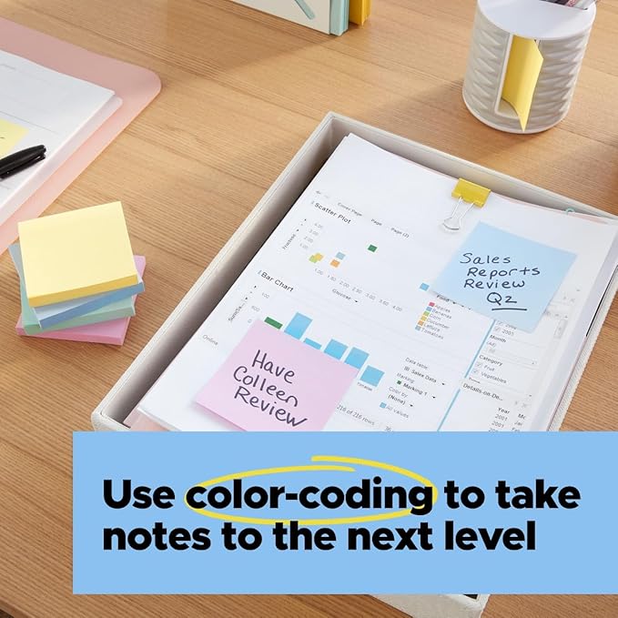 Post-it 100% Recycled Paper Super Sticky Notes, 3 in. x 3 in., 12 Pads, 70 Sheets per Pad, Wanderlust Pastels, School Supplies and Office Products