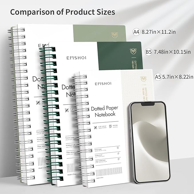 EMSHOI Spiral Notebook B5 Bullet Dotted Journal, Dotted Grid Notebook with 300 Pages, 100gsm Thick Paper, 7.48" × 10.15", Waterproof Softcover Notebook for School Work Writing - Dark Green