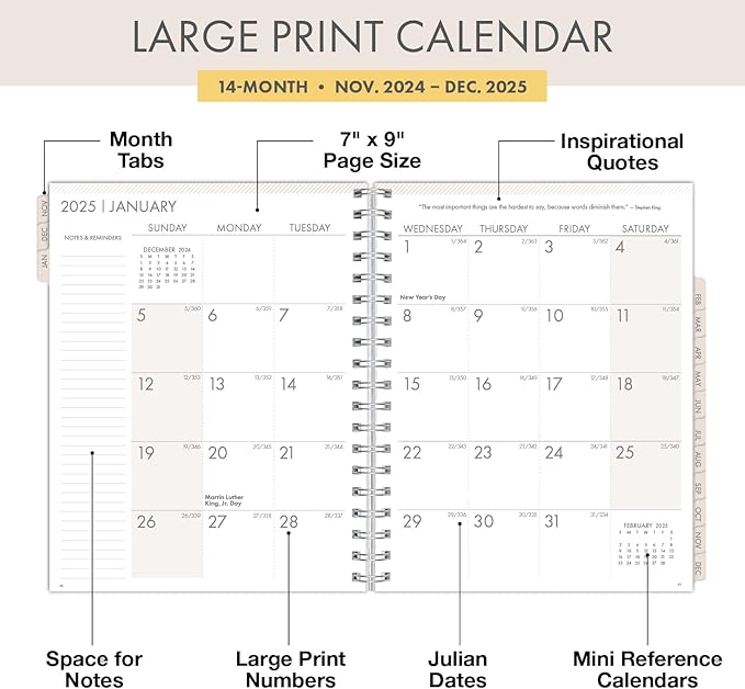 Essential PRO 2025 Daily, Weekly & Monthly Planner, 7"x9": 14 Months (Nov 2024 - Dec 2025) Monthly Tabs,Daily Tracking,Notes Pages,Storage Pocket,Bookmark w Sticky Notes (Watercolor Butterflies)