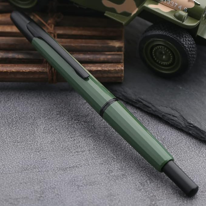 Majohn A2 Press Fountain Pen Extra Fine Nib with Box, Retractable Green Resin Ink Pen with Converter Writing Set (Black Clip Version)