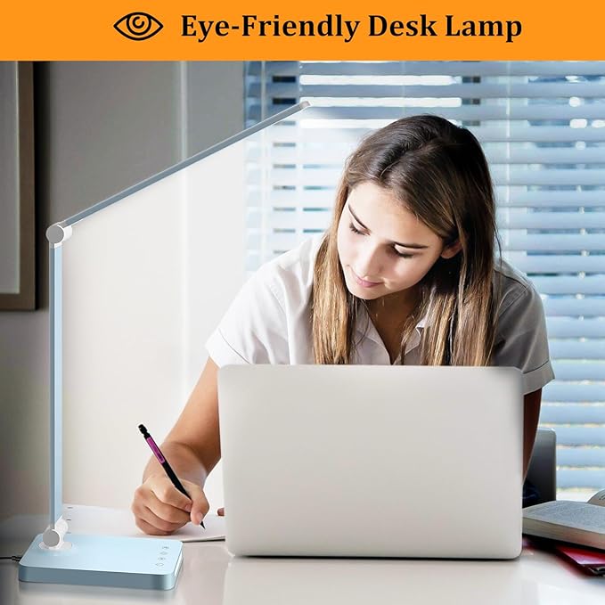LED Desk Lamp with USB Ports,Touch Desk Lamps for Home Office with 5 Color Modes,3 Brightness Desk Light with Small Night Light,Reading Lamp Table Lamp for Bedroom Bedside Study Blue (with adapter)