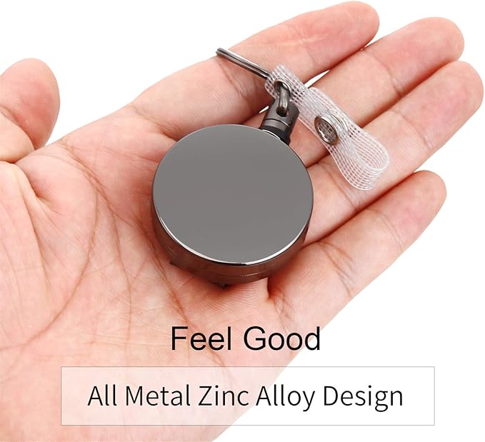 Will Well ID Badge Holder Reel with Clip and Keyring - Heavy-Duty All-Metal Casing with 27.5" UHMWPE Fiber Pull Cord for Durability and Easy Access, Holds up to 8 Keys - 4-Pack, Round, Glossy Black