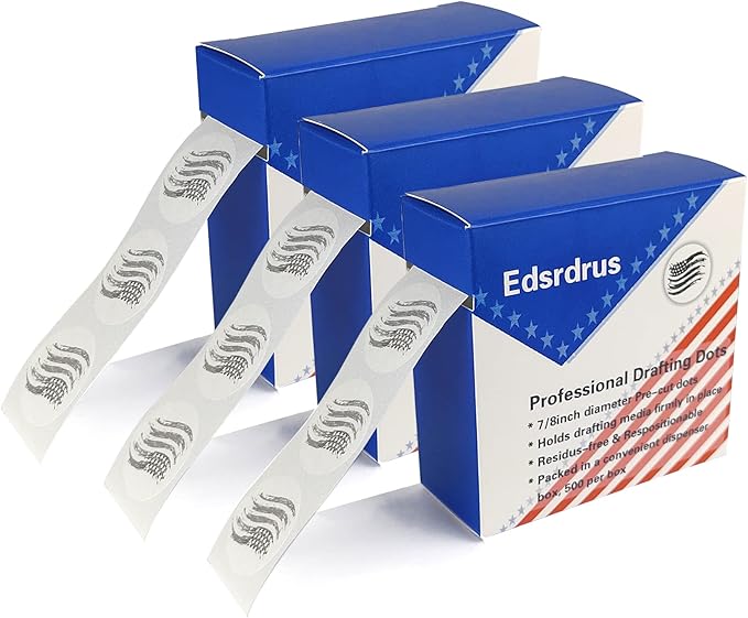 3 Pack Drafting Dots 7/8” Diameter, Low Tack, Easy Removal, Pre-Cut Drafting Tape Dots for Tracing, Drawing, Positioning, Roll of 500 Dots Per Box (White)